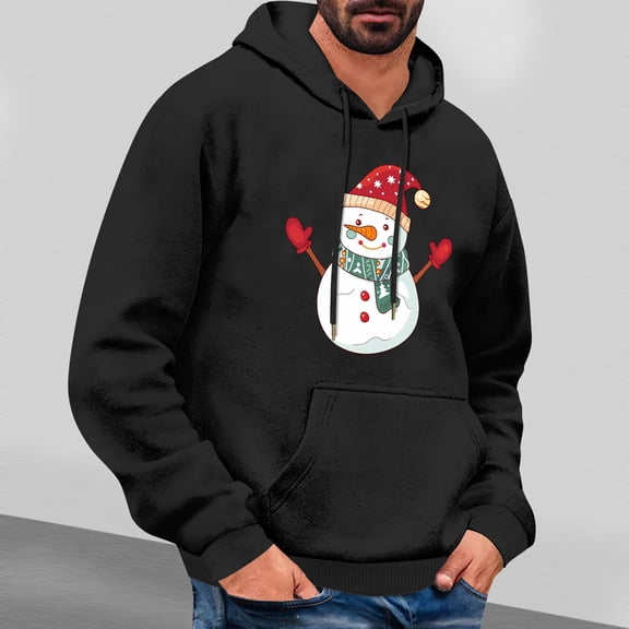 Jjayotai Christmas Hoodies for Men, Fashion Funny Printed Reindeer Snowman Hoodies, Long Sleeve Hooded Pullover Sweatshirts Black XL