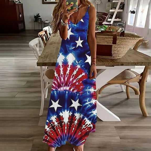 CFLVAEK July 4th Dresses for Women Plus Size Summer Spaghetti Straps Cami Maxi Dress Red White and Blue Tie Dye Print Patriotic Dress Loose Fit V Neck Sleeveless Sundress M