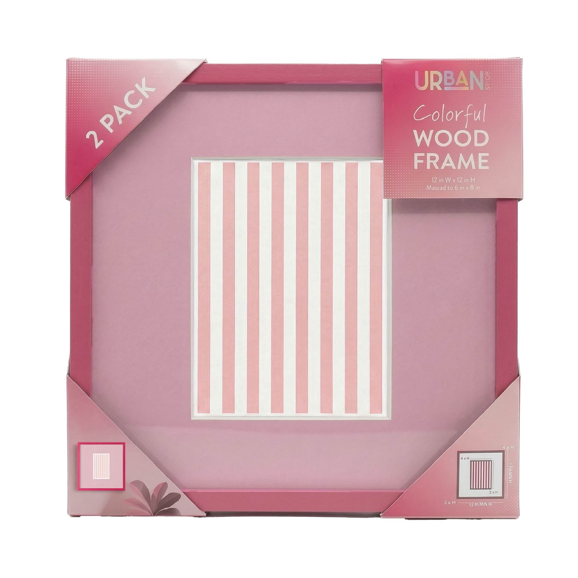 Urban Shop 12 x 12 Pink Wood Picture Frames, 2-Pack, Displays 6 x 8 Photo with Mat