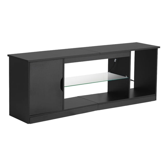 Modern TV Stand for 65 Inch TV with LED Lighting Glass Shelves Adjustable Storage Wooden Cabinet Black