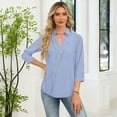 thumbnail image 4 of OIOLOYJM Women's Polo Shirts Striped 3/4 Sleeve V-Neck Golf Shirts Spring Lapel Collared Athletic Lightweight T-Shirt Fashion Business Activewear Light Blue S, 4 of 7