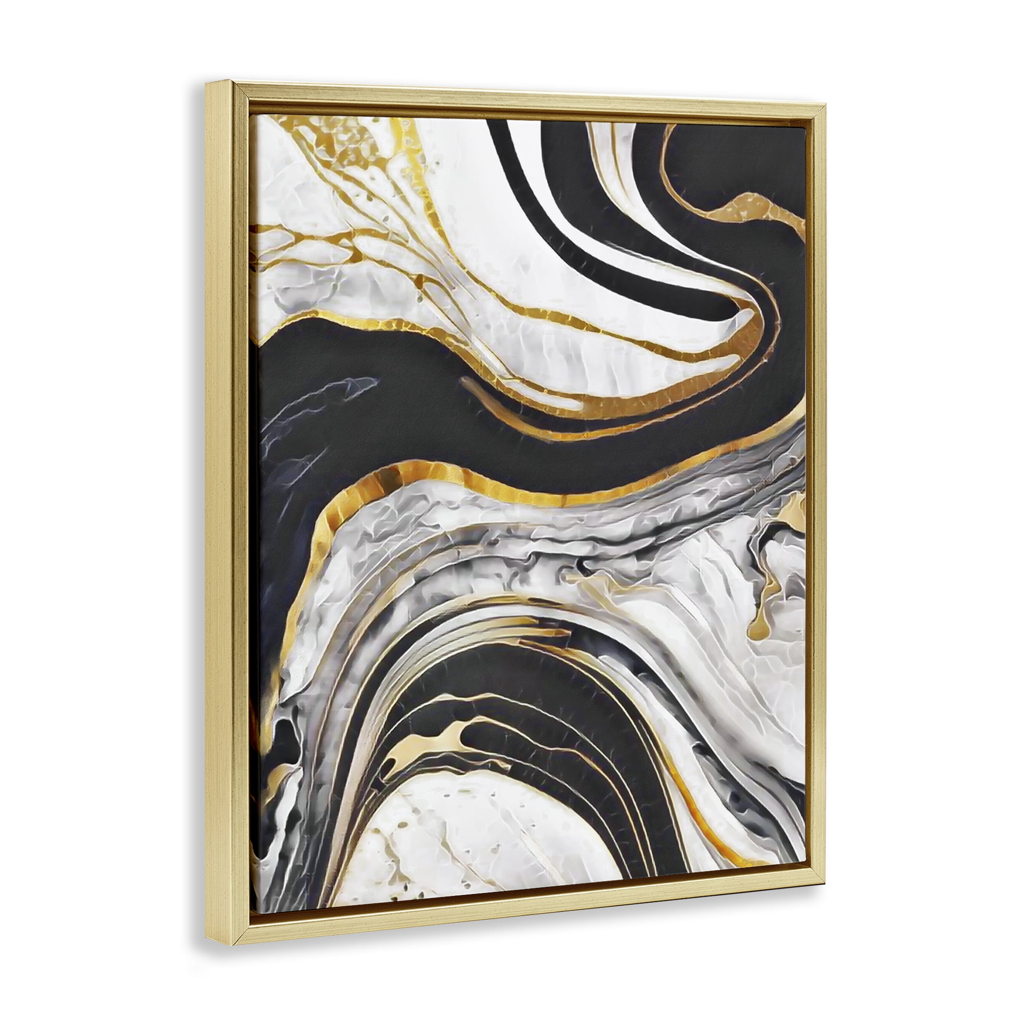 Stupell Industries Marbled Fluid Gold Accent Abstract Painting Gold Floater Framed Canvas Art Print Wall Art, 25 x 31