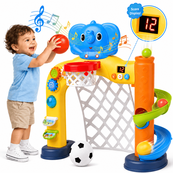 Monqistar Toddler Basketball Hoop & Soccer Goal, Activity Center Toys with Music & Light, Toddler Sport Toys Christmas Birthday Gifts for Ages 1-3