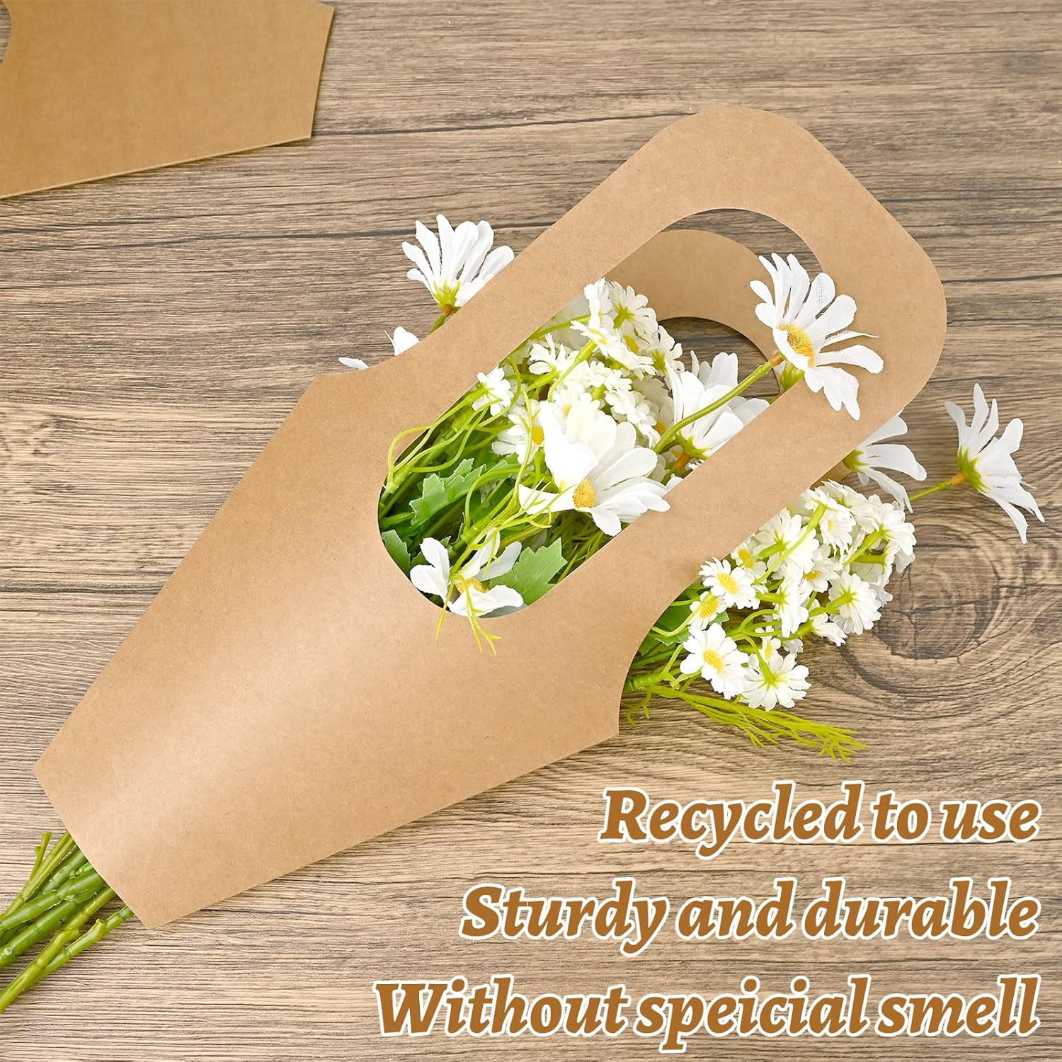 50 Pack Kraft Paper Flower Bouquet Bags - Flower Present Bags with Sturdy Handles - Brown Gift Wrapping Bags for Fresh Flowers, Plants & Gifts