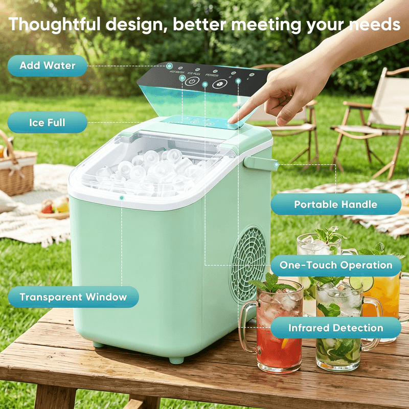 Portable Countertop Ice Maker with Handle, Self-Cleaning Bullet Ice Maker, 9 Ice Cubes Ready in 6 Minutes, 26lbs/24H, Eco-Friendly with Ice Scoop & Basket for Home, Office, Bar, Party, RV (Green)