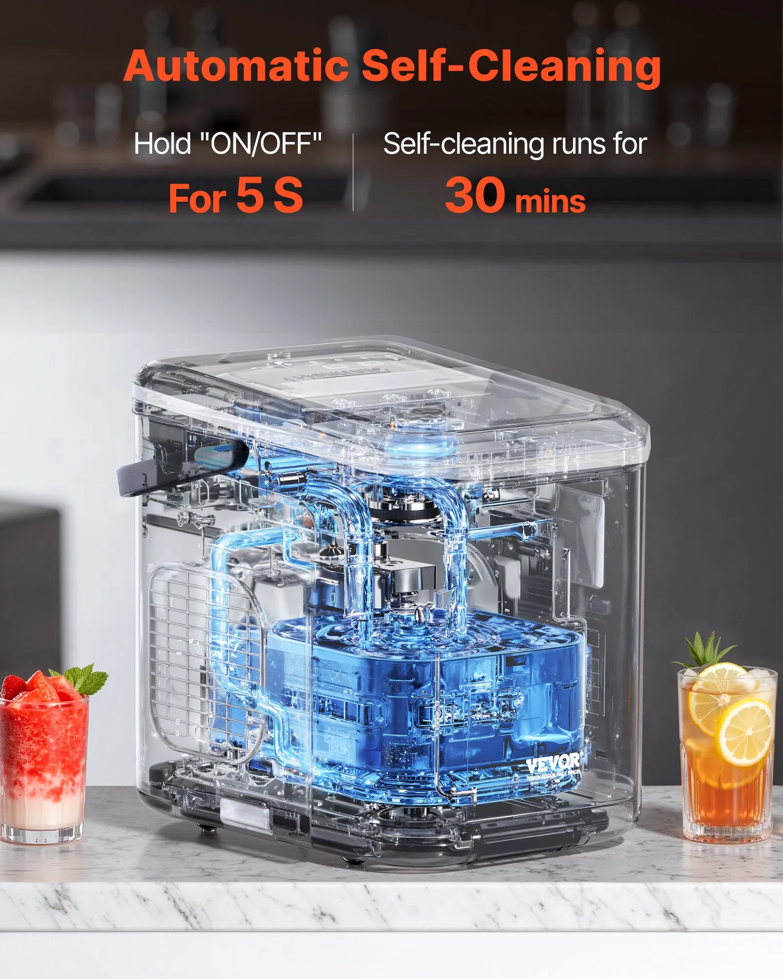 Quick ice maker, portable countertop ice maker, capable of producing ice blocks of two different sizes, easy to control, self-cleaning, with scoop basket, suitable for home use, bars, coffee shops