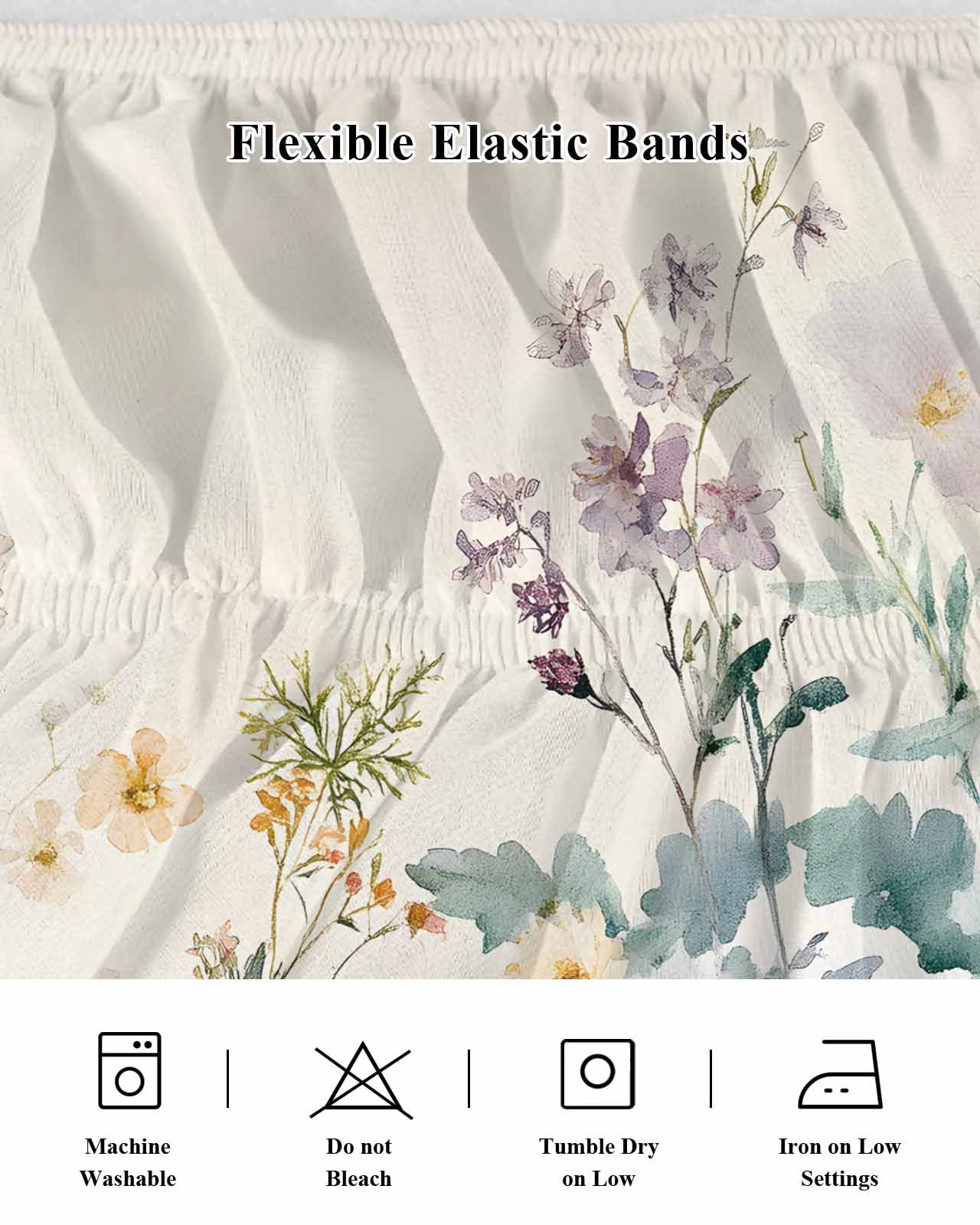 Watercolor Spring Floral Bed Skirt Queen Size,Farmhouse Daisy Green Botanical Wrap Around Bed Skirting with Adjustable Elastic Strap,Dust Ruffle Pleated Bedskirts 16 Inch Drop for Bedroom Queen Beds