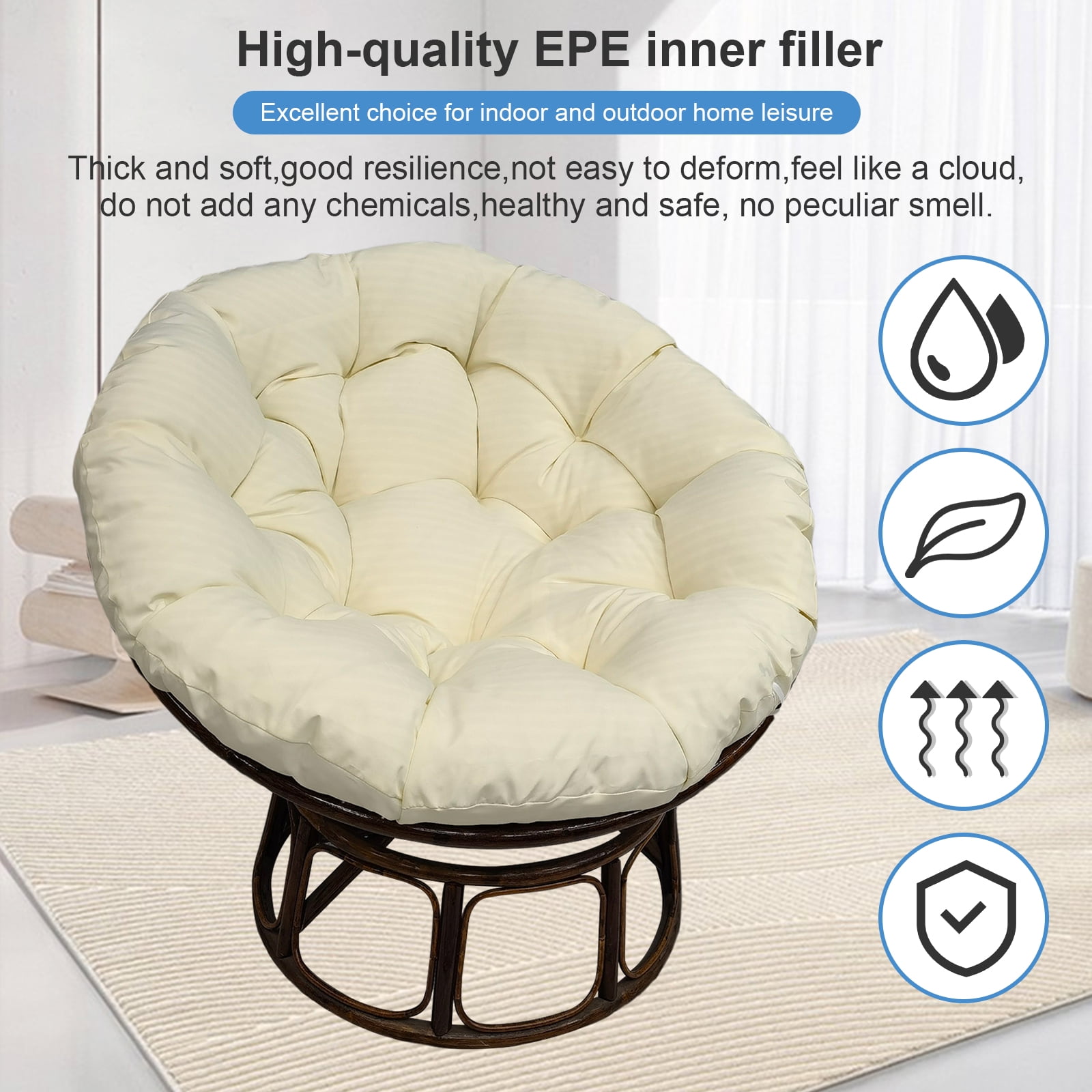 JOVELL 48 Inch Papasan Cushion Replacement, 5" Thick Waterproof Round Chair Pad, Fade & UV Resistant Indoor Outdoor Patio Seat Cushion, Beige