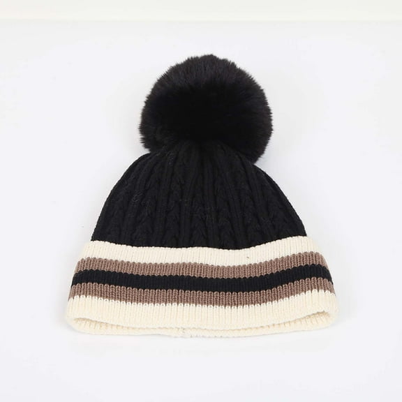 ZVNAΖH Women Winter Pompom Beanie Hat Striped Printed Warm Hats Thick Slouchy Snow Knit Skull Ski Cap
