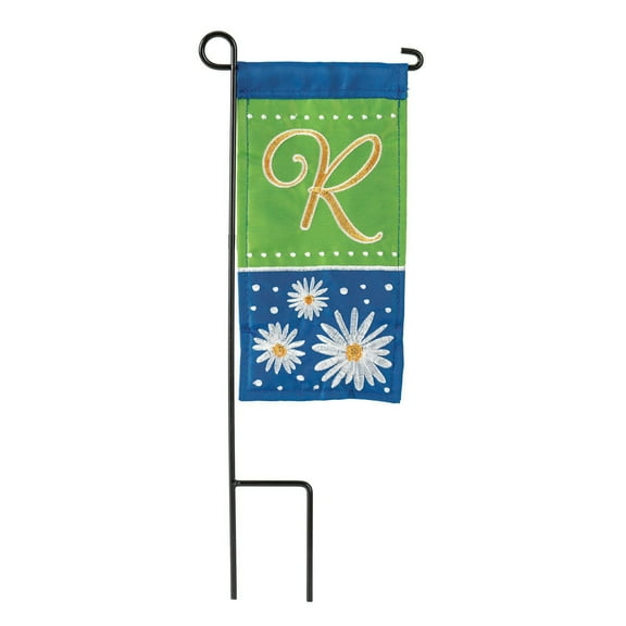 Daisy Blue Green Monogrammed R 8.5 x 4 Burlap Mini House Flag