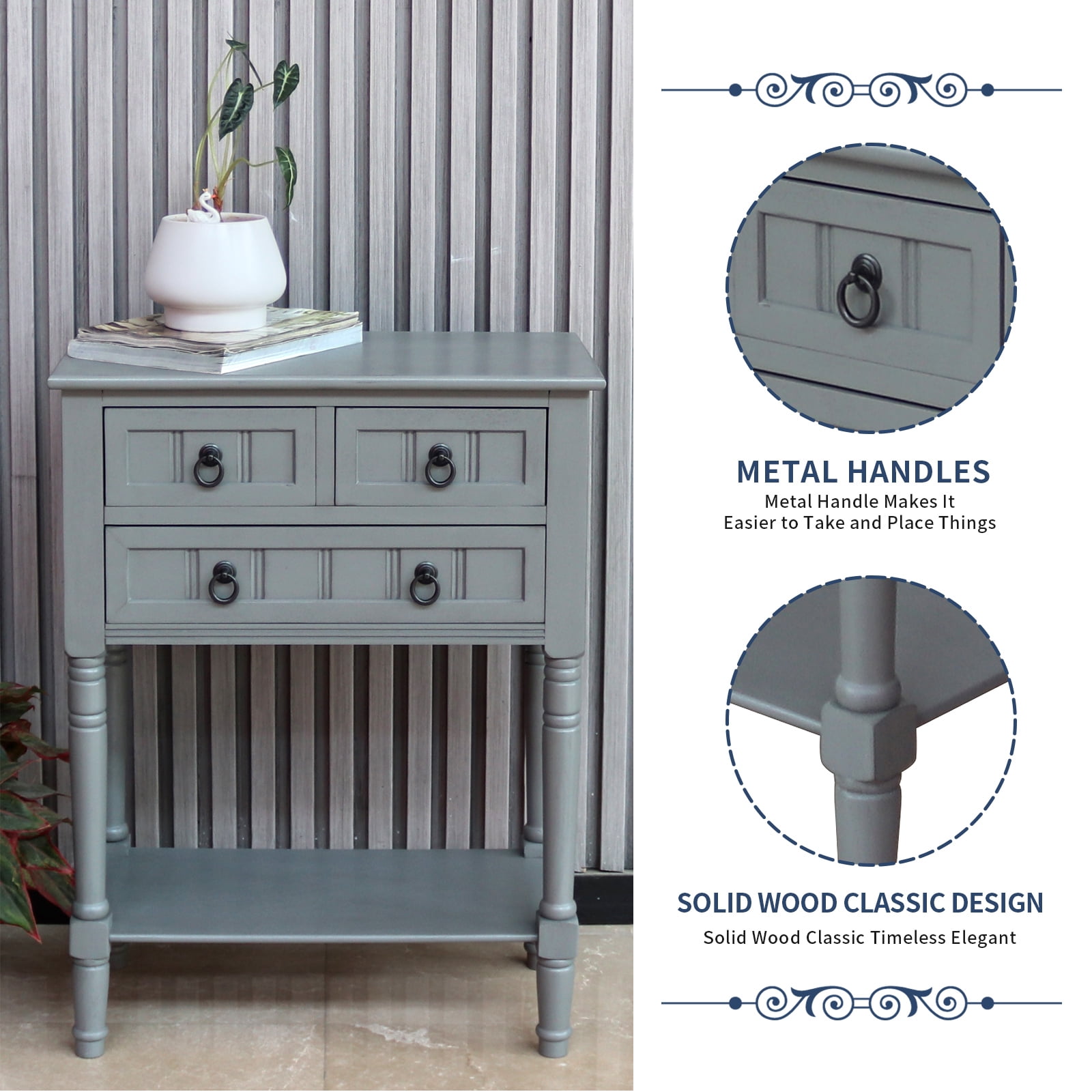 Entryway Table with Storage, Rustic Small Console Table w/ 3 Drawers & Open Bottom Shelf, Skinny Wood Console Table, Narrow Sofa Side Table for Living Room, Foyer, Entry Table, Vendee Gray