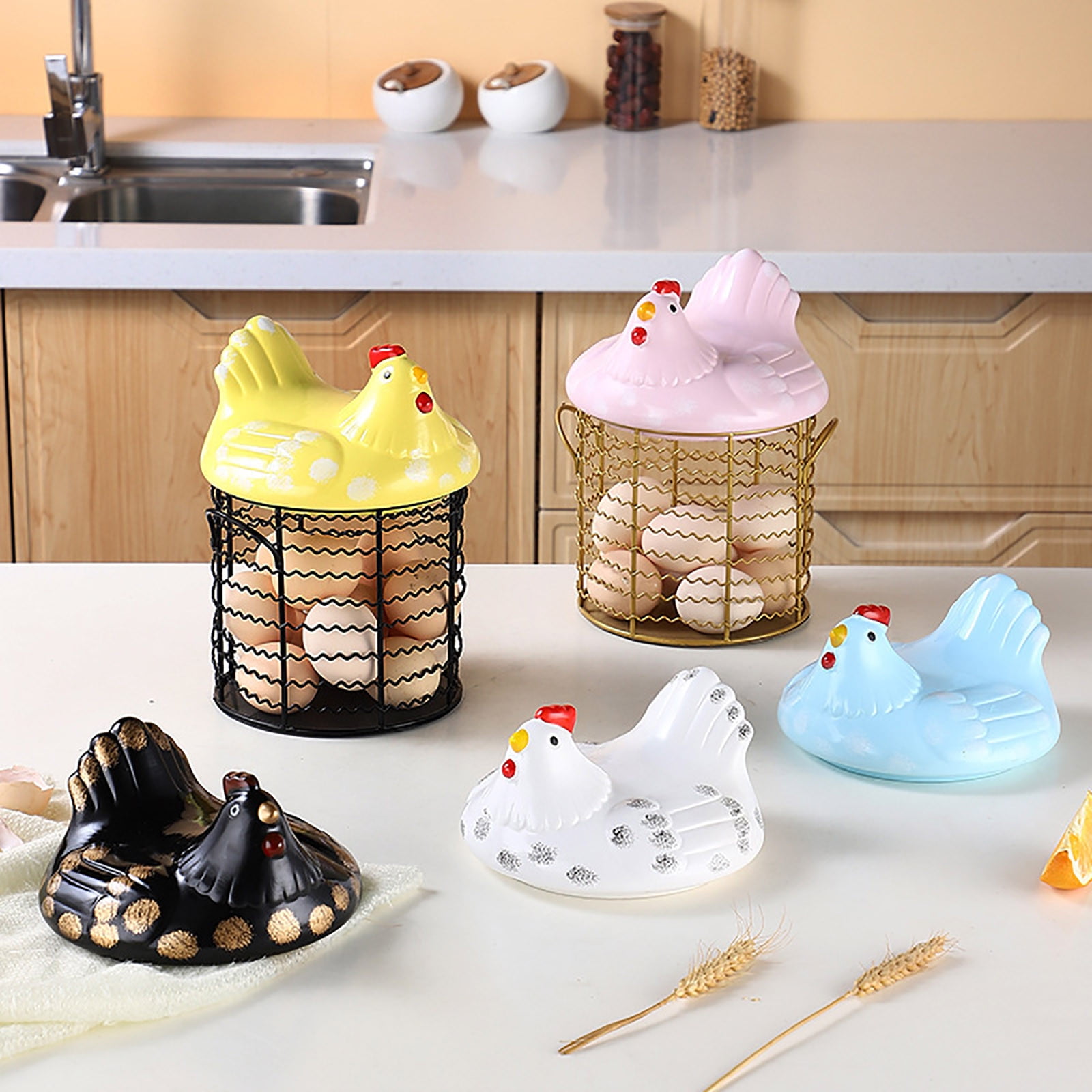 Huayishang Storage Box, Kitchen Essentials Clearance Sale Colorful Design Eggs Basket Ceramic Chicken Shaped Lid Round Wire Basket Bottom Handle Metal Wire Eggs Storage Basket With