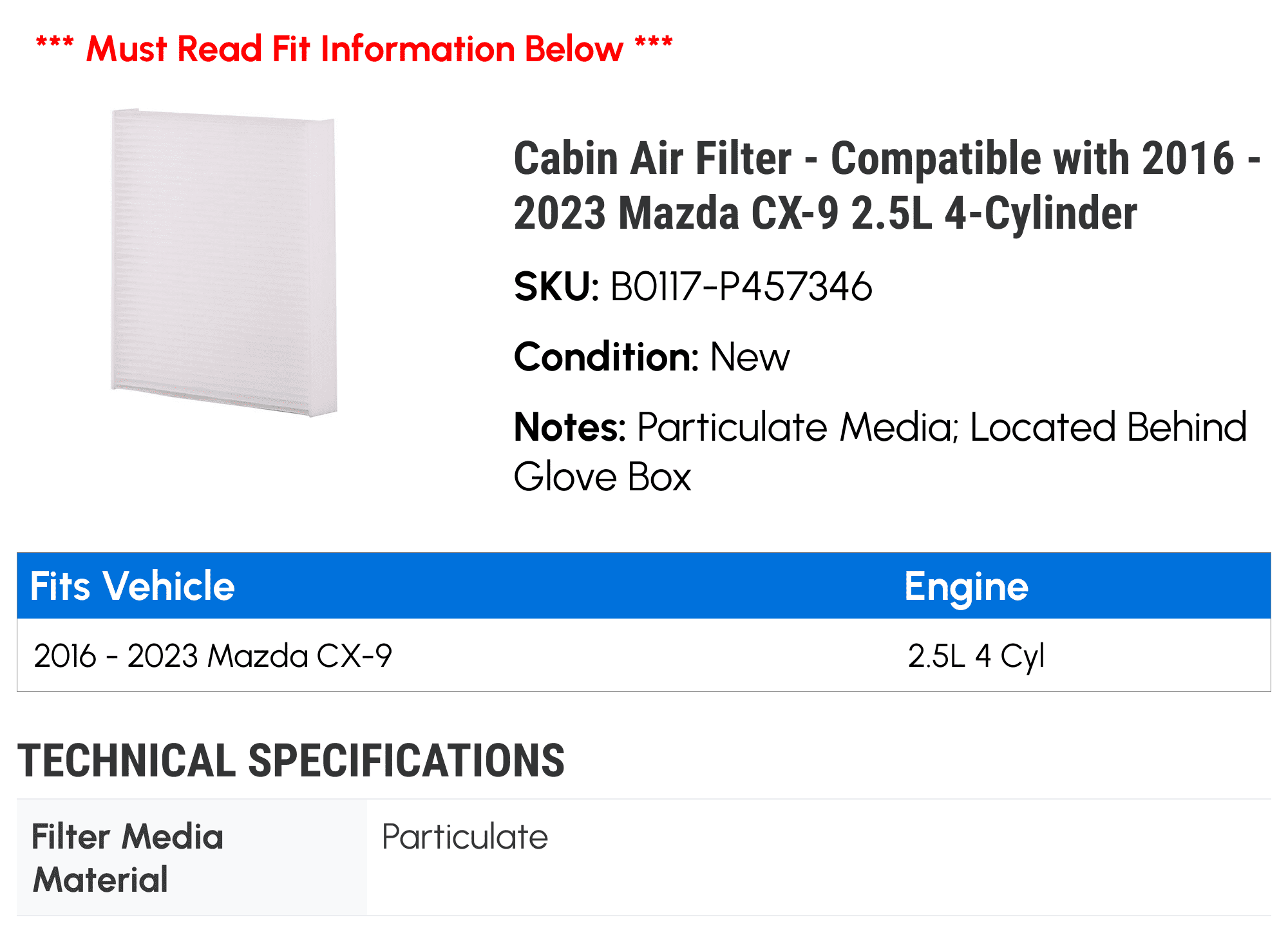 Cabin Air Filter - Compatible with 2016 - 2023 Mazda CX-9 2.5L 4-Cylinder 2017 2018 2019 2020 2021 2022