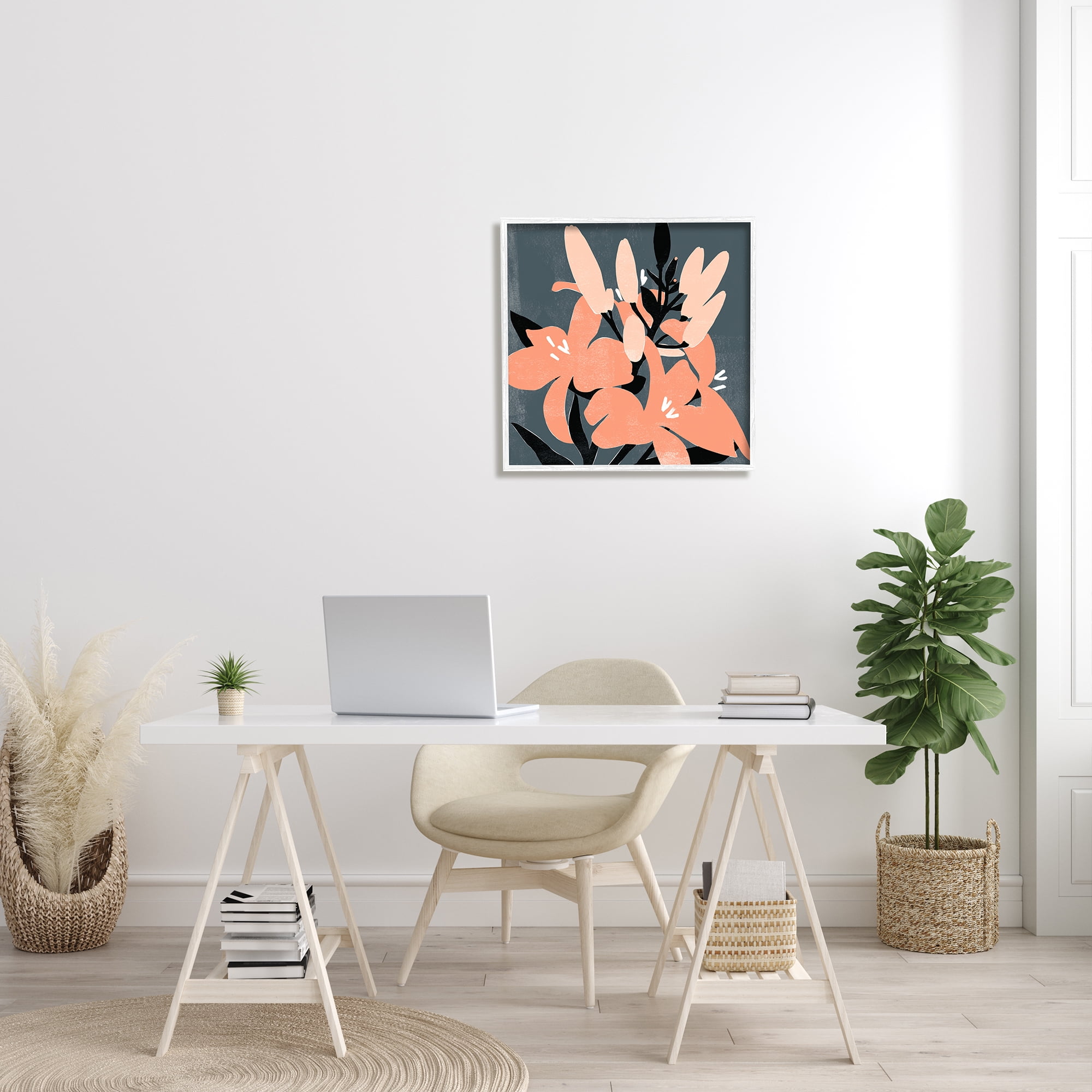 Stupell Industries Tropical Pop Pink Lilies Dark Neutral Floral Branches Botanical & Floral Painting White Framed Art Print Wall Art, 24 x 24