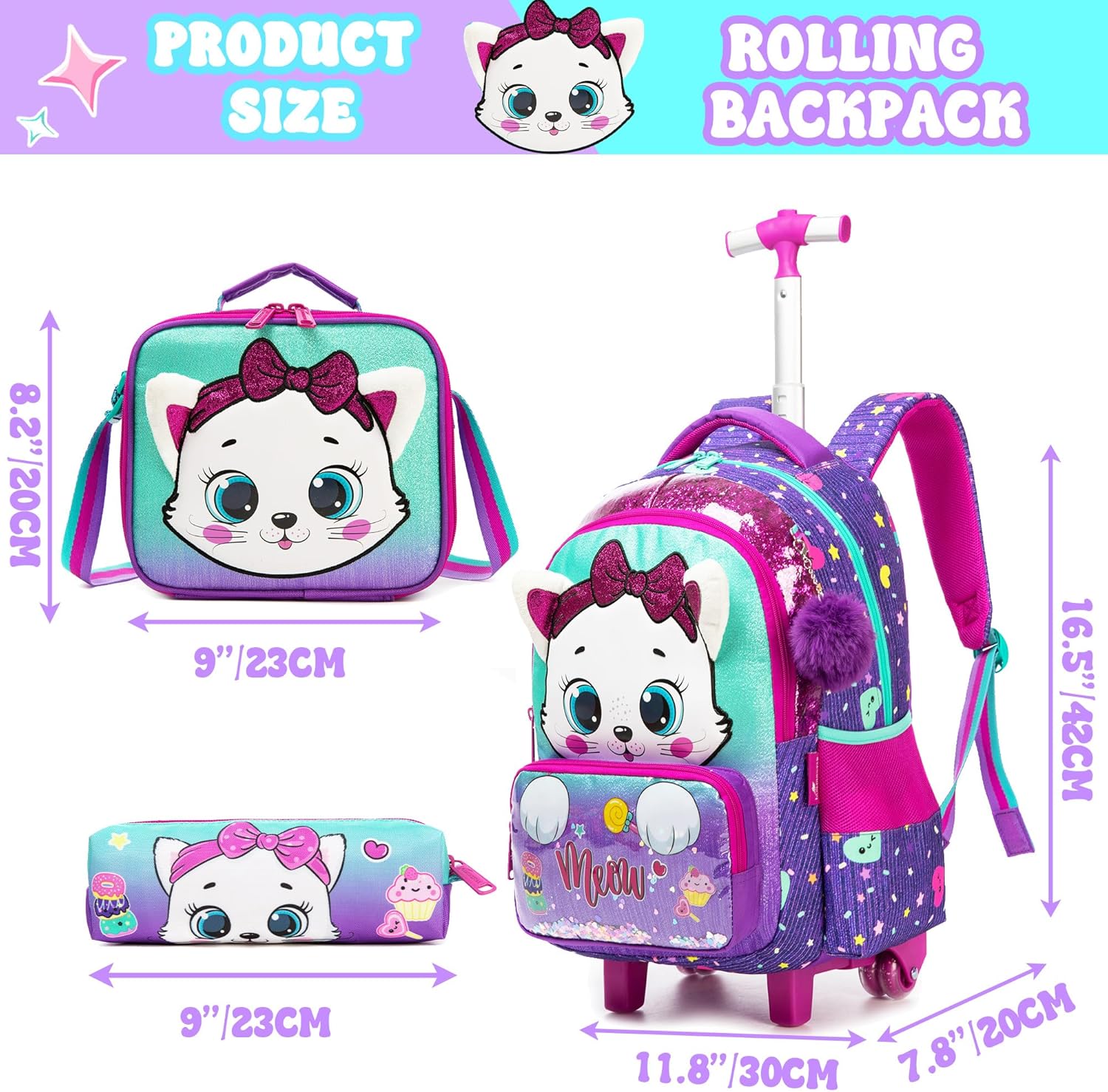 Rolling Backpacks for Girls School Bags Roller Kids Purple Backpack with Lunch Box Pencil Case for Elementary Students Bookbag Ages 6-12