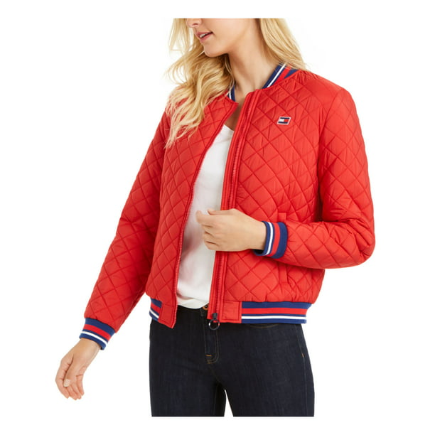 TOMMY HILFIGER Womens Red Zippered Striped Bomber Jacket Size: L