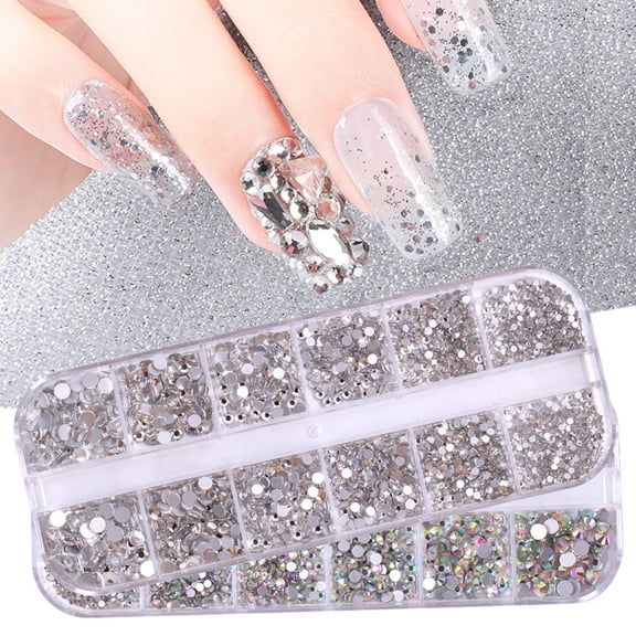 SmartBy 1 Set Round Nail Art Rhinestone Kit 12 Grids Assorted Size Decoration Fake Gems DIY Nail Design Crafting Glass Flatback Rhinestones