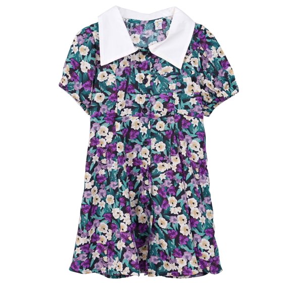 ContiKids Toddler Girls Summer Flower Dresses Elastic Cuffed Short Sleeve Collared Floral Shirt Dress 6-7 Years
