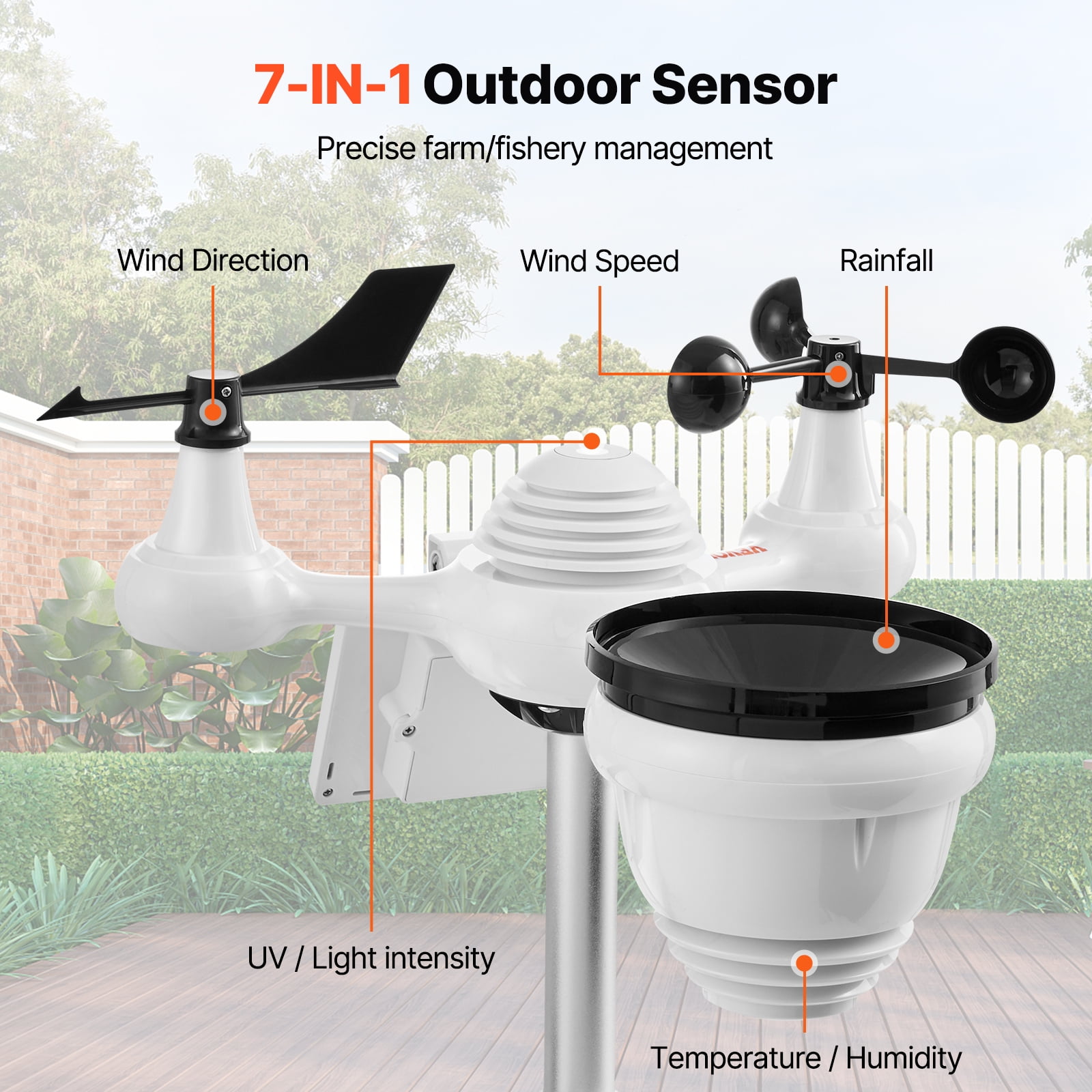 VEVOR 7-in-1 Wireless Weather Station with Wi-Fi,7" TFT Colorful Display, Solar-Powered Outdoor Sensor, Indoor & Outdoor Monitoring, Includes Temperature, Humidity, Wind Speed/Direction, and Rainfall