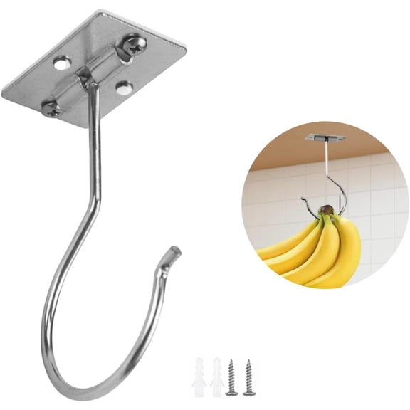 Banana Hook Under Cabinet,Adhesive Bananas Hanger with Fordable Design,Durable Metal Banana Holder for Hanging Bananas,Kitchen Organization Or Multi-Purpose Home Us(Silver)