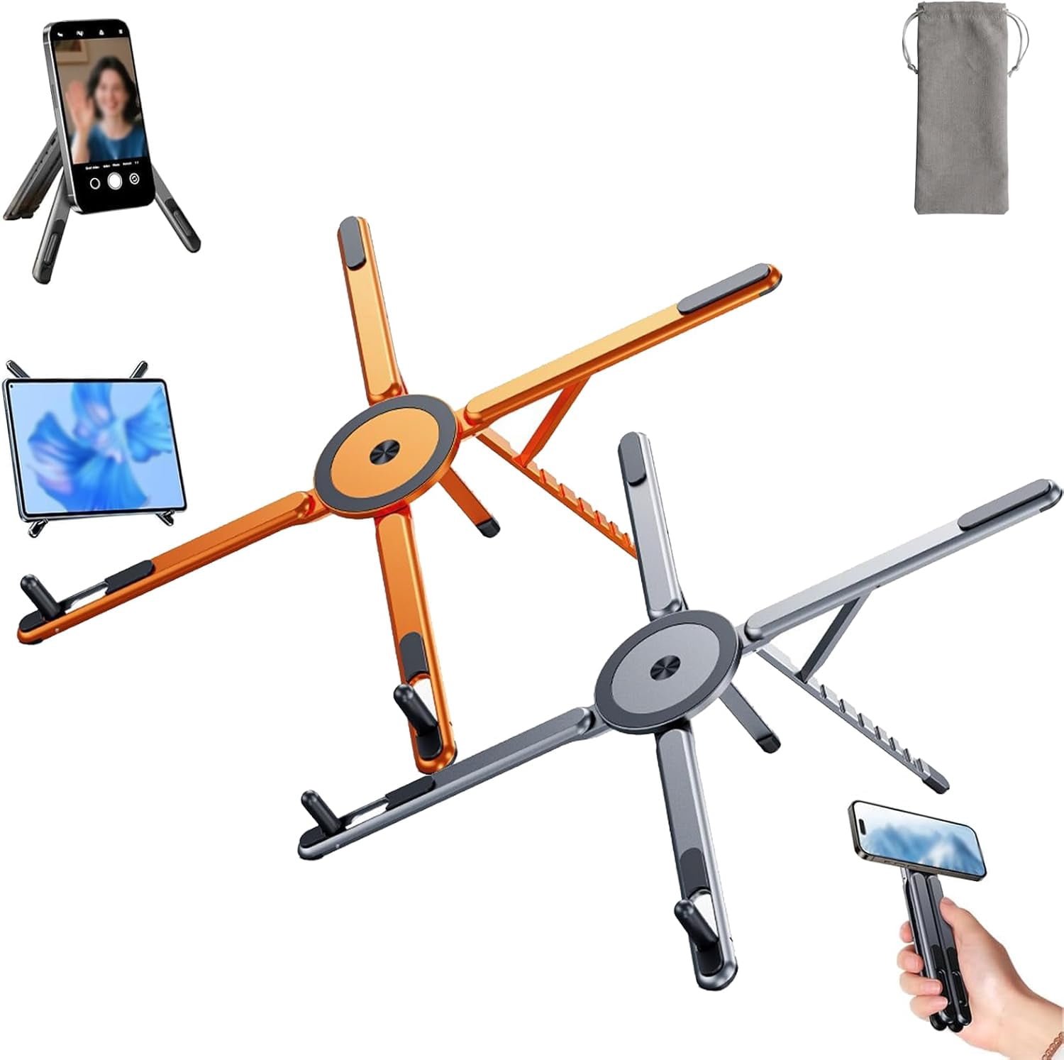 3-in-1 Magnetic Foldable Laptop Stand - Adjustable Aluminum Laptop Stand, 8-Level Height Adjustable Laptop Riser, Foldable Magnetic Holder for Tablet Phone, Portable Stand Desk (2Pcs-Gray)