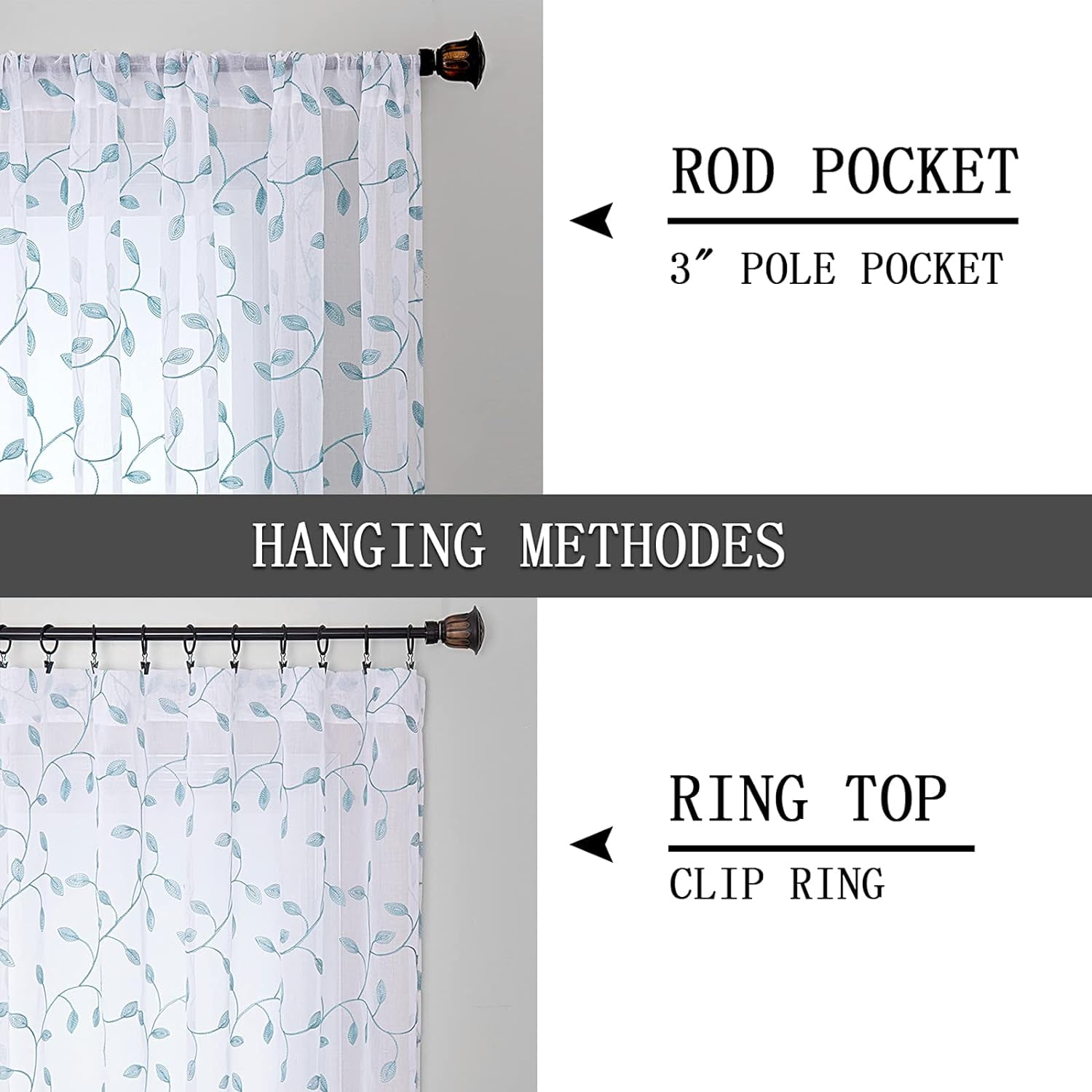 Sunyuer Leaves Short Sheer Curtains Teal Blue Leaf Embroidery Curtain Rod Pocket Voile Faux Linen Embroidered Leaves Curtains for Bedroom Living Room, 52W X 72L inch, Set of 2 Panels, Teal Blue