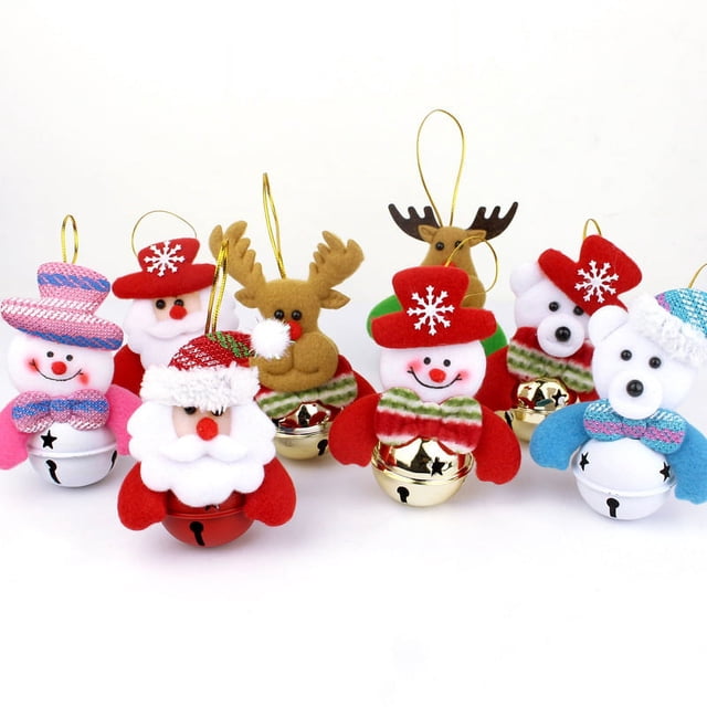 8 colgantes de decoración para árbol de Navidad con cascabeles, adornos navideños, colgantes de muñecos de Papá Noel y muñeco de nieve