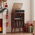 thumbnail image 6 of LELELINKY Record Player Stand with 4 Vertical Compartments + Large Storage, Holds 160 Albums, Mid-Century Turntable Cabinet with Wood Legs, Walnut, 6 of 7