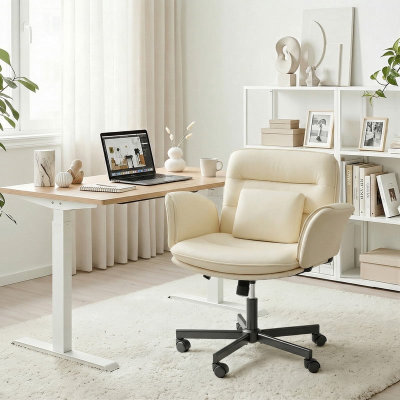 Homall Cross Legged Chair with Armrests and Wheels, PU Leather Vanity Chair, Adjustable Swivel Computer Office Chairs for Home Office, Make Up, Beige