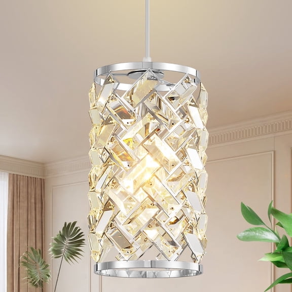 Deyidn 6.2 Inch Crystal Pendant Light, Adjustable Modern Round Chandelier in Chrome Finish for Dining Room, Entryway & Bedroom