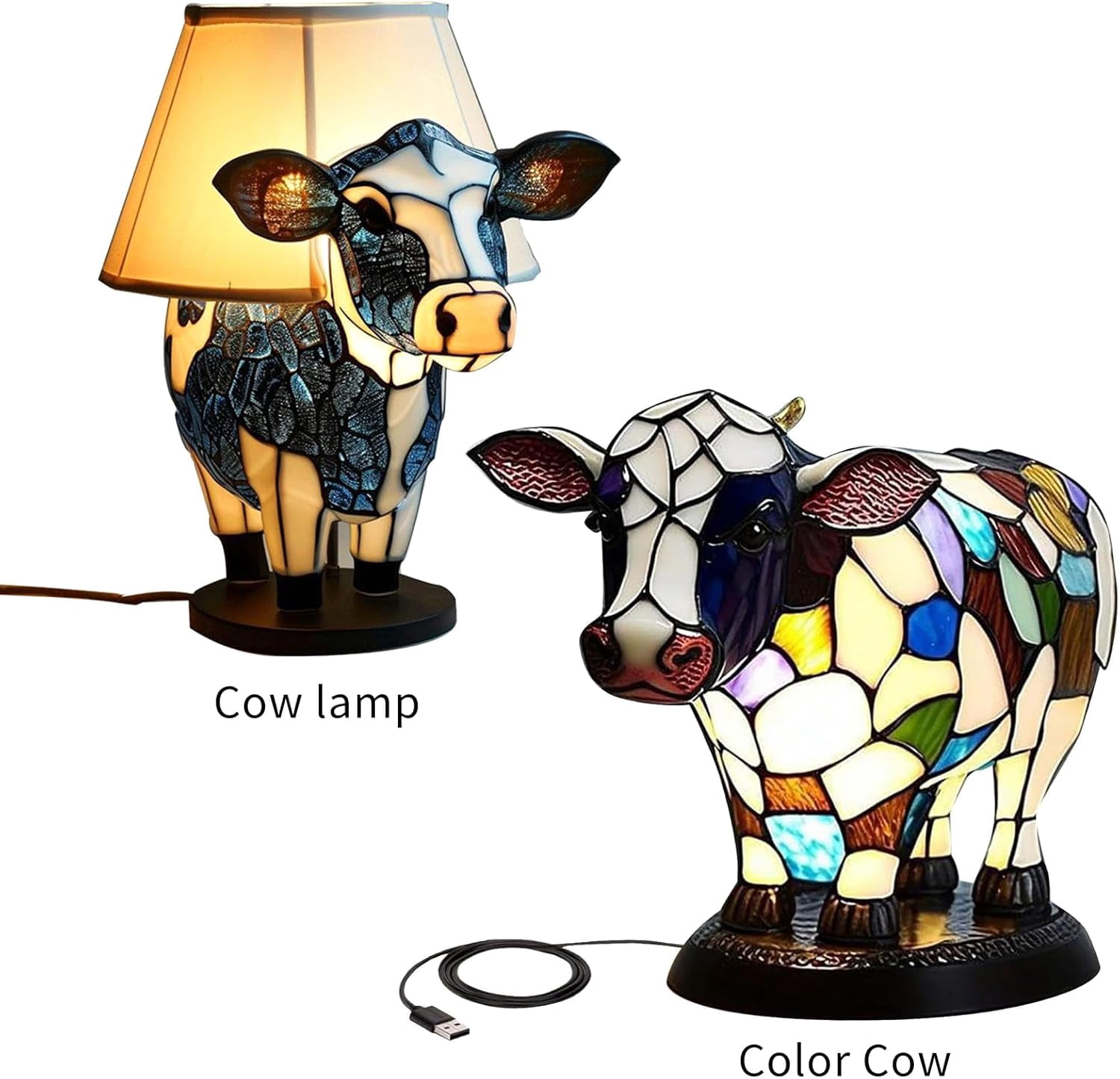 Aorsher Cow Lamp with USB Ports, 3D Cute Animal Night Light with Touch Control & Warm Glow, Resin Table Desk Lamp for Bedroom, Farmhouse Themed Decor Gift