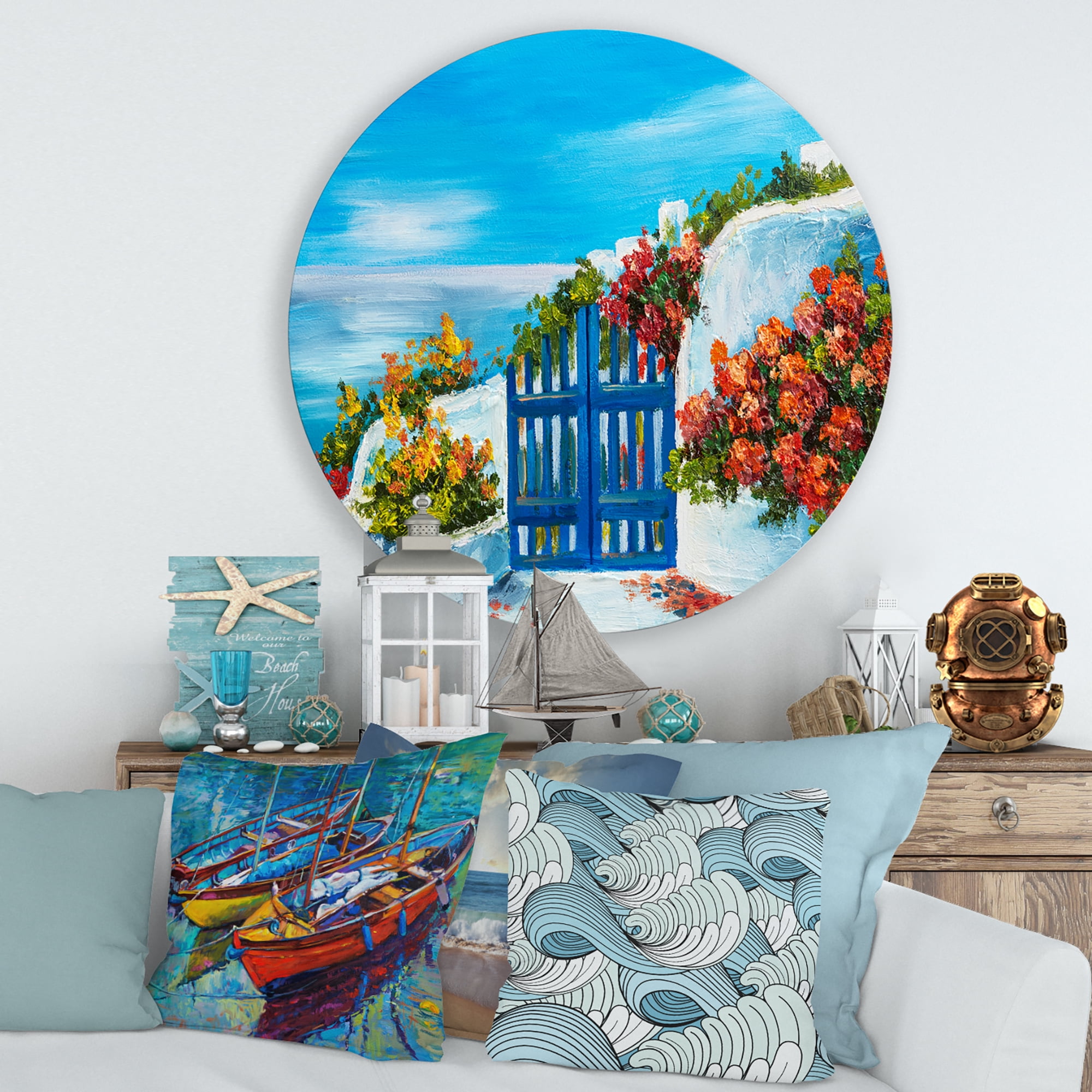 Designart 'House With Colorful Flowers Near The Sea III' Nautical & Coastal Circle Metal Wall Art 29x29 - Disc of 29