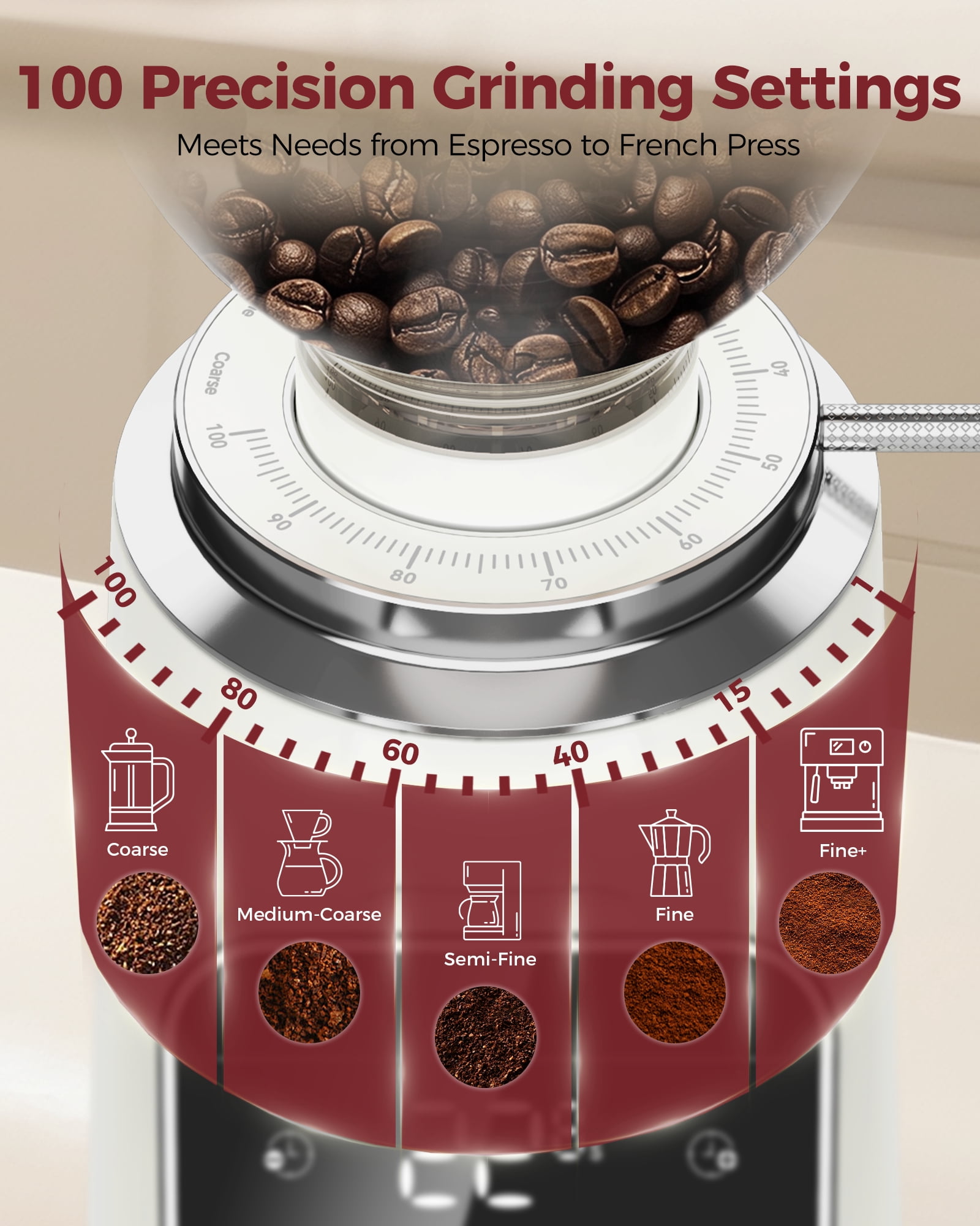Tuni G3 64mm Flat Burr Coffee Grinder, 100 Grind Settings Electric Espresso Grinder with Single Dose Set | Commercial Grade Precision, Touchscreen | Anti-Static Tech | Stainless Steel (Ivory)