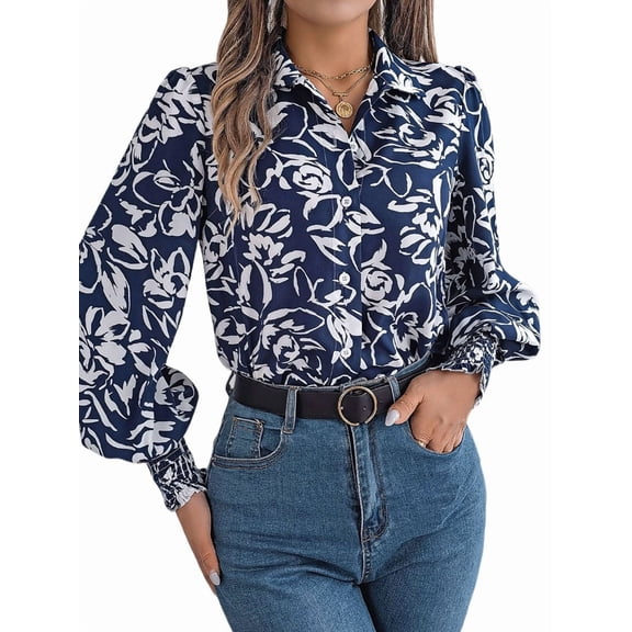 Women'S Floral Blouses Dressy Casual V Neck Button Down Shirts Lantern Long Sleeve Boho Chiffon Tops 2025 Dark Blue M