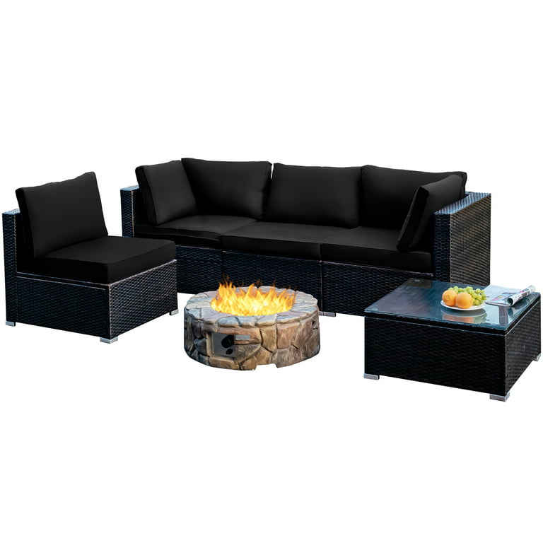 Costway 5PCS Patio Rattan Wicker Furniture Set Sofa Ottoman Coffee Table  Cushioned Black