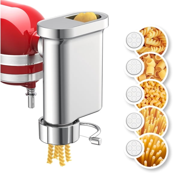 Stainless Steel Pasta Press Attachment for KitchenAid Stand Mixers, 5 Interchangeable Plates – Makes Spaghetti, Bucatini, Fusilli, Large & Small Macaroni