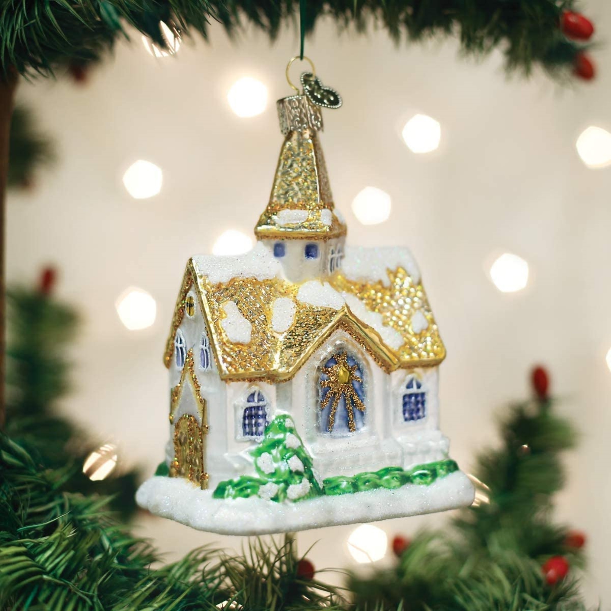 Old World Christmas 4.25In Golden Cathedral, Glass, Church Ornament 20105