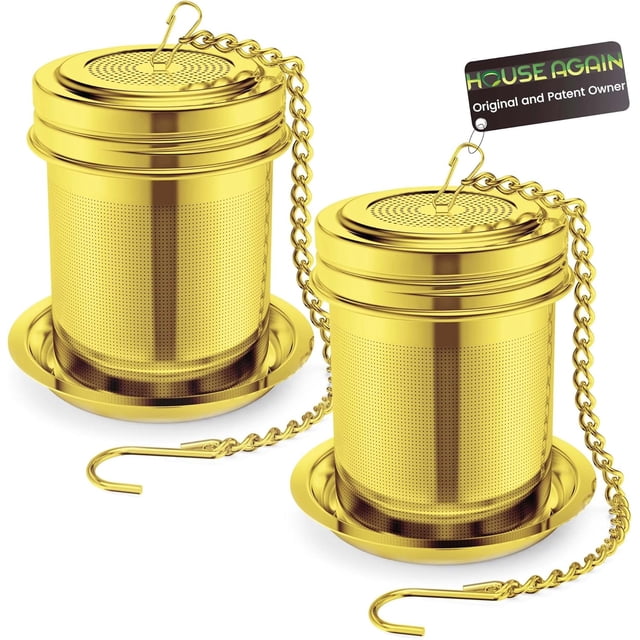 House Again 2 Pack Tea Infuser, Extra Fine Mesh Tea Infusers for Loose Tea, 18/8 Stainless Steel Tea Strainer with Extended Chain Hook, Tea Steeper for Brew Tea, Spices & Seasonings-Gold