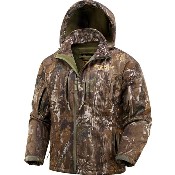 NEW VIEW Quiet Hunting Jackets for Men, Fleece Lined Warm Camo Jacket with Hood, Safety Harness Compatible, Water-Resistant (Tree Camo L)