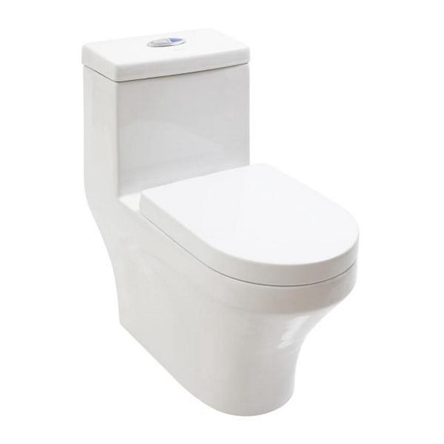 sanitario fussion 1 pieza alargado 4 y 6 l blanco Sanitario una pieza alargado Fussion Corona, vista 3/4 frontal; tanque integrado con botón Dual Flush (descargas de 4 y 6 L), taza alargada y asiento con cierre suave, acabado cerámico liso ideal para espacios reducidos. También suele usarse en baños pequeños de visitas o departamentos por su diseño compacto.