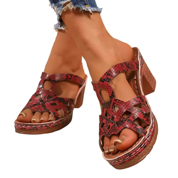 Heels for Women Cutout Retro Pattern Orthopedic Sandals Open Toe Chunky Heeled Slides Casual Slip on Summer Dress Shoes Red Size 9