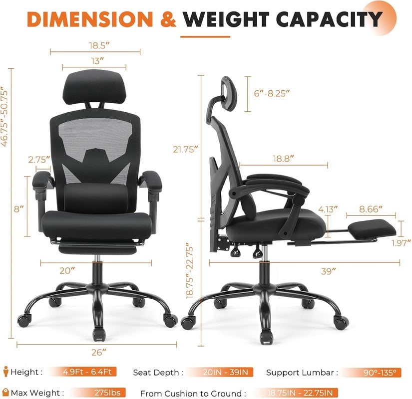 Beddle Desk Chair with Lumbar Support, High-Back Ergonomic Mesh Swivel Rolling Desk Chair for Home Office or Study, Black