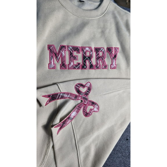 Merry Plaid Applique Christmas Embroidered Sweatshirt with Side Bows