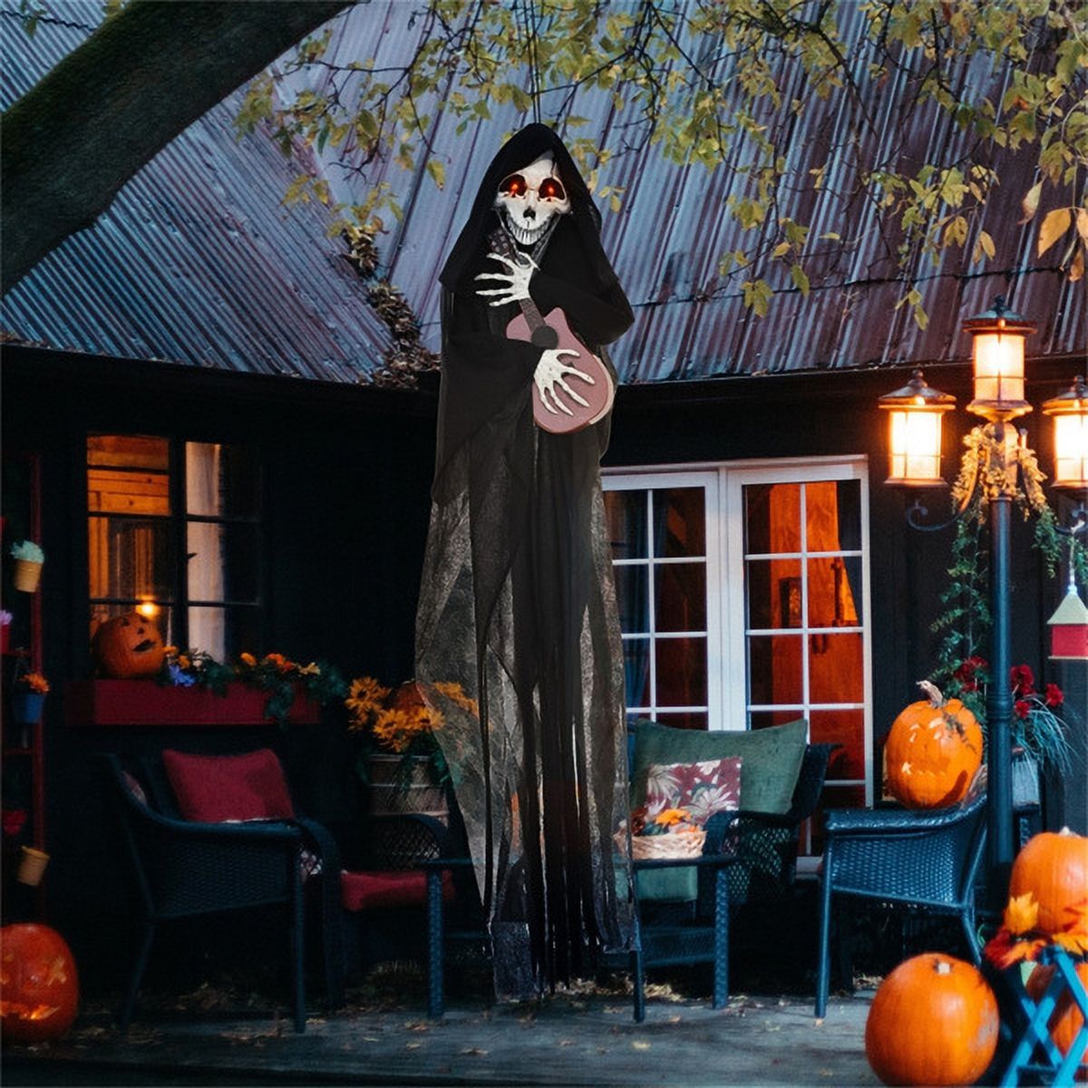 4.3FT Animated Halloween Grim Reaper Guitar Prop Sound Activated with Red Glowing Eyes