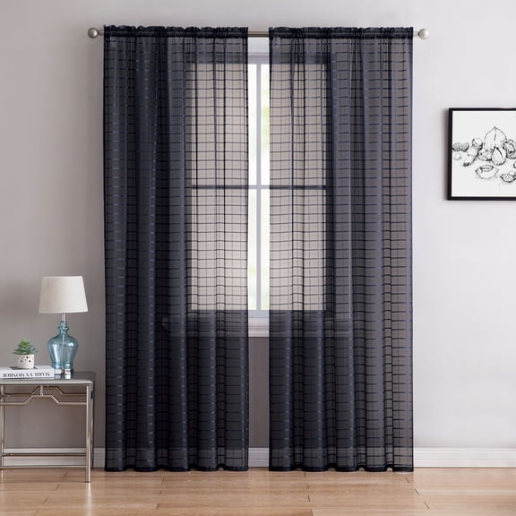 Single (1) Sheer Rod Pocket Window Curtain Panel: 55 W X 90 L Plaid/Check Design (Elegant Black)
