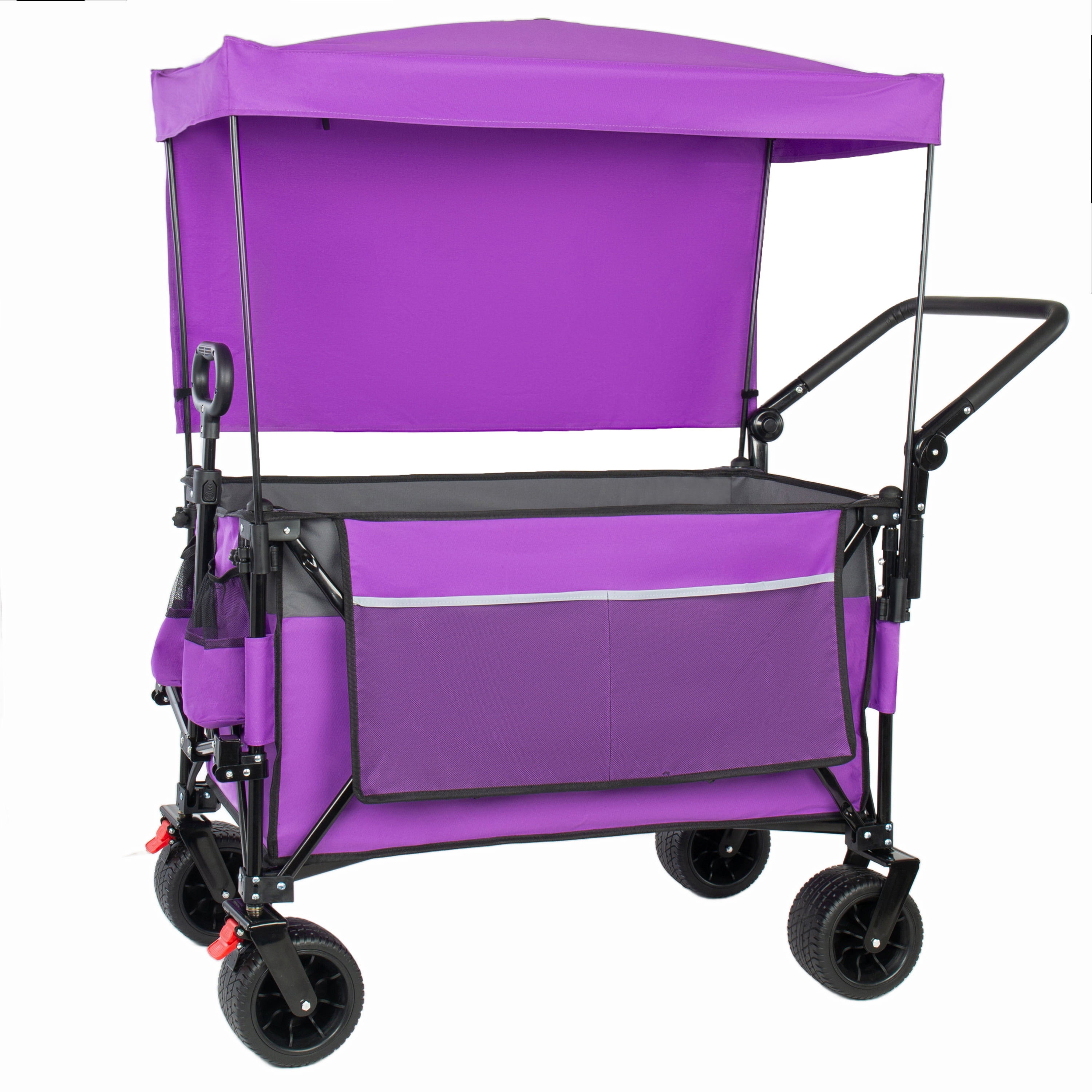 Multi-Functional Push-Pull Folding Wagon Cart Purple, Rotating Handle & Canopy, 7''x4'' Wheels with Brakes, 480lbs 300L for Outdoor, Groceries, Transport