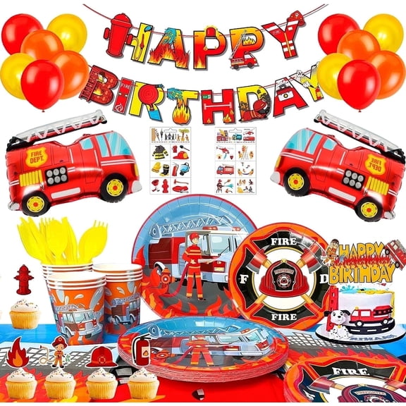 Fire Truck Birthday Party Supplies 155pcs Fire Truck Birthday Party Decorations for Boys Firetruck Birthday Decorations Balloons Plates Napkins Tablecloth, Fire Truck Themed Birthday Party Supplies