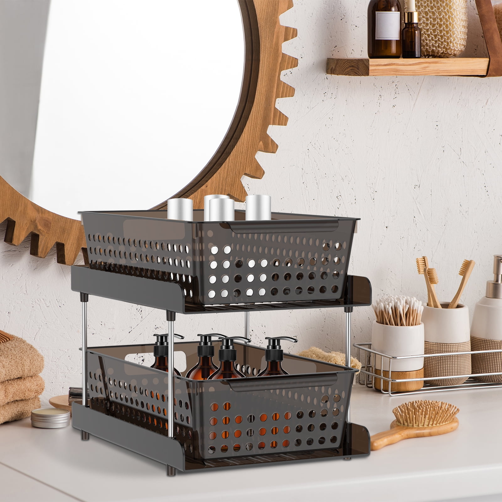 Dznils 2-Tier Under Sink Organizer and Storage, Pull Out Stackable Bathroom Cabinet Organizers Black