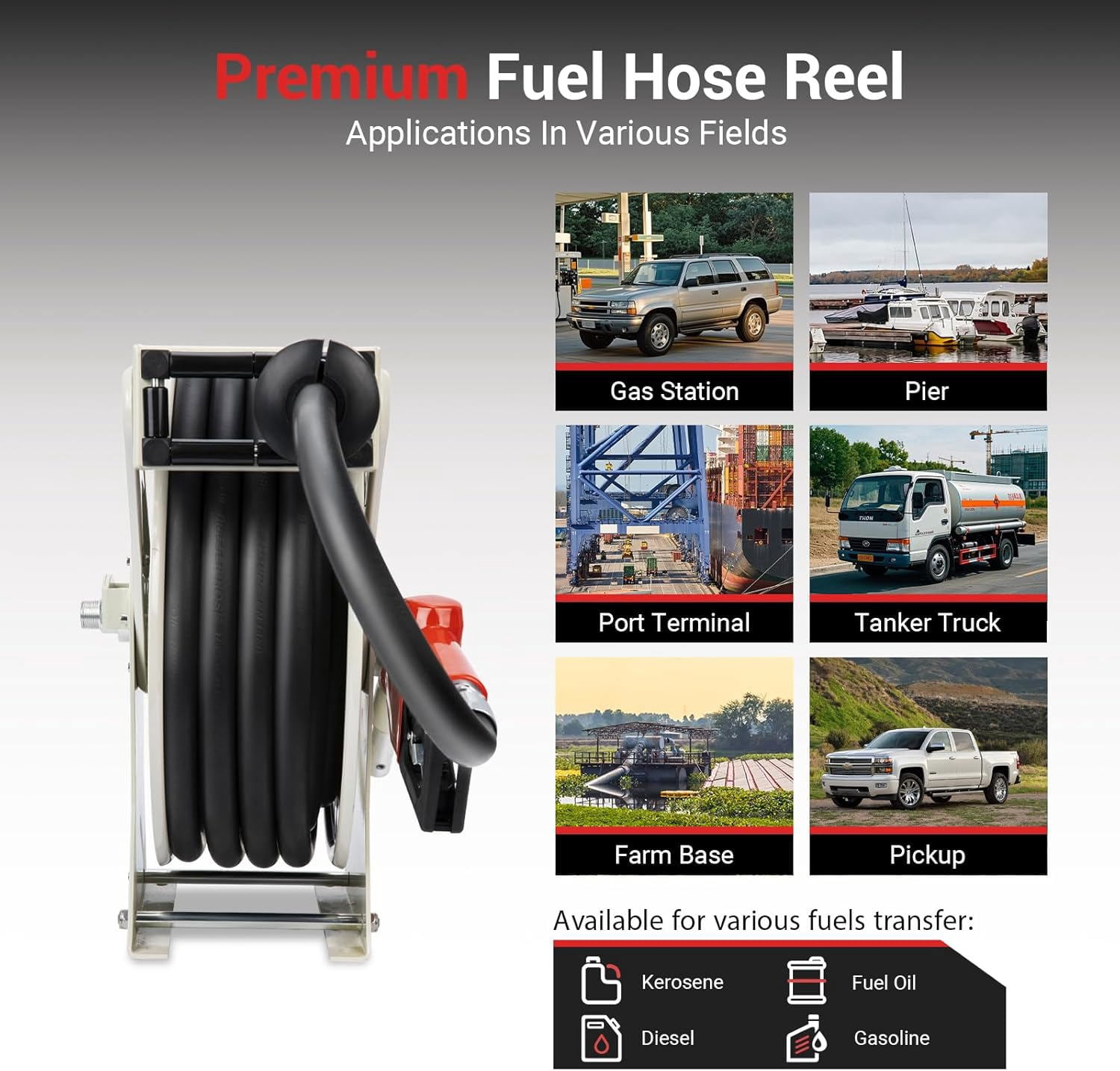 Fuel Hose Reel 3/4'' x 50ft with Fueling Nozzle, Diesel Fuel Hose Reel 300PSI Retractable Industrial Heavy Duty Swivel Steel Construction for Ship Vehicle Tank Truck Trailer Cart, Silver