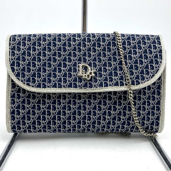 Pre-Owned Christian Dior Chain Shoulder Bag Glitter Thread Canvas Navy Women's (Good)